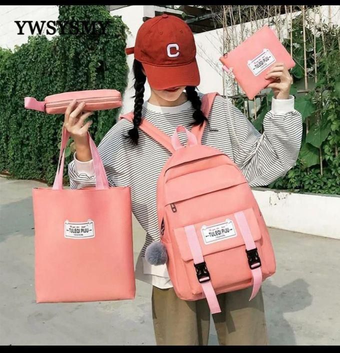 4 In 1 Set Canvas Student School Bag Multi-pocket Pink Color