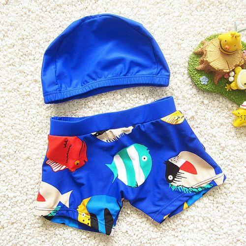 Fashion Boys Beachwear Cartoon Fish Pattern One-piece Swimming Trunks And Cap For Baby Kids Swimwear Suit Blue