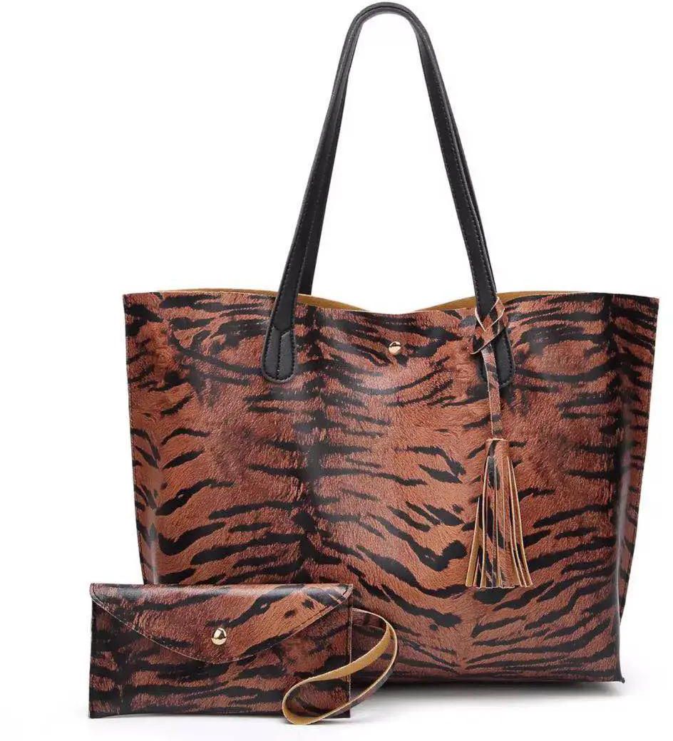 Fashion Big Women Tassel Tote Bag Leather Leopard Print Tote Bag red 36*12*30cm