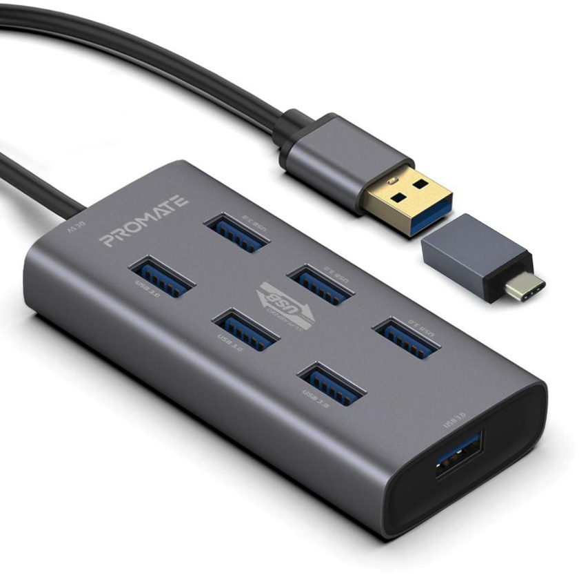 Promate - 7 Port USB 3.0 Hub, Portable Aluminium Alloy Port USB 3.0 Powered Hub with 5Gbps Data Transfer and USB-C™ Power Adapter for MacBook, iMac, Laptop, USB Flash Drive, HDD Hard Drive, EZHub-7