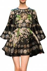 Bell Sleeve Floral Print Prom Dress