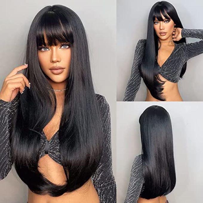 Black Wig With Bangs Long Straight Wigs For Women