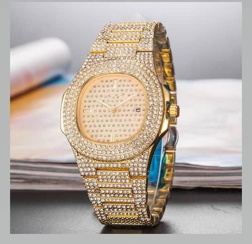 Men's Iced Stone Bracelet Strap Diamond Date Quartz Watch