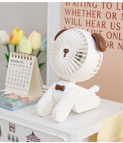 3 Speeds Mini Puppy Fan Portable Rechargeable White Puppy Table Fan with 500mAh Large Capacity Battery Children students handheld folding Small fan for Home Office Outdoor Camping