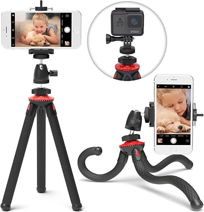 1 Camera Tripod, Mini Flexible Tripod Stand with Hidden Phone Holder w Cold Shoe Mount, 1/4'' Screw for Magic Arm, Universal for iPhone 13 12 Pro Max XS Max X 8 Samsung