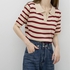 Red striped sweater women's 2022 summer new fresh sweet Polo neck loose contrast color thin short versatile short sleeved T-shirt