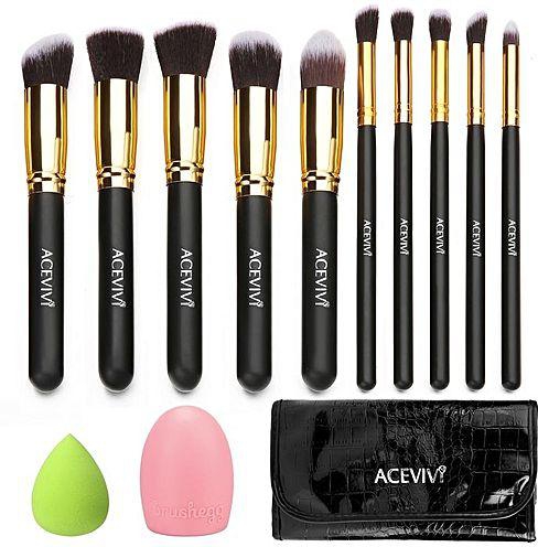 Acevivi 10 PCS Makeup Face Powder Brush W/ Carrying Bag + Puff Sponge + Brush Cleaner