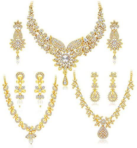 Sukkhi Dazzling Gold Plated Wedding Jewellery Austrian Diamond Choker Necklace Set Combo For Women (413CB1900)