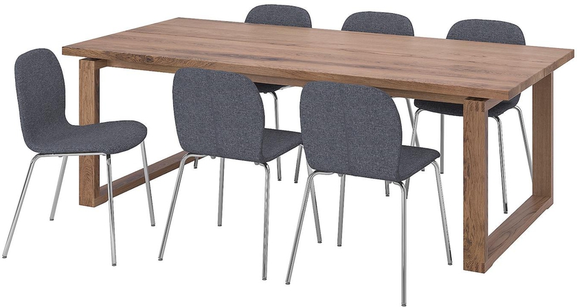 MÖRBYLÅNGA / KARLPETTER Table and 6 chairs - oak veneer brown stained/Gunnared medium grey chrome-plated 220x100 cm