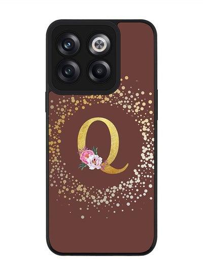 Rugged Black edge case for OnePlus Ace Pro Slim fit Soft Case Flexible Rubber Edges TPU Gel Thin Cover - Custom Monogram Initial Letter Floral Pattern Alphabet - Q (Brown)