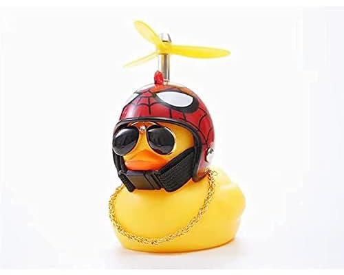 FASHION MANIA Rubber Duck Toy Car Ornaments Yellow Duck Car Dashboard Decorations Squeeze Duck Bicycle Horns with Propeller Helmet &Sunglass&Golden Necklace Spideman Design