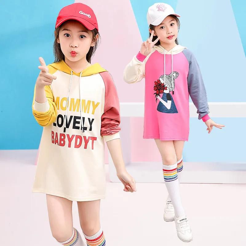 Baby Girls T-shirt Cotton Hooded Tops Children Clothing Long Sleeve Letter Long Bottoms