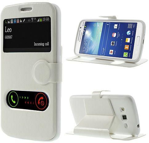 Double Window View Crazy Horse Flip Leather Case w/ Stand for Samsung Galaxy Grand 2 Duos - White