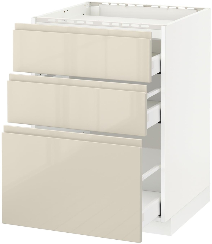 METOD / MAXIMERA Base cab f hob/3 fronts/3 drawers - white/Voxtorp high-gloss light beige 60x60 cm