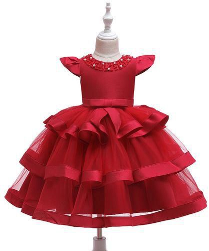 Fashion Elegant multi-layer Girl's Dress- Maroon Red