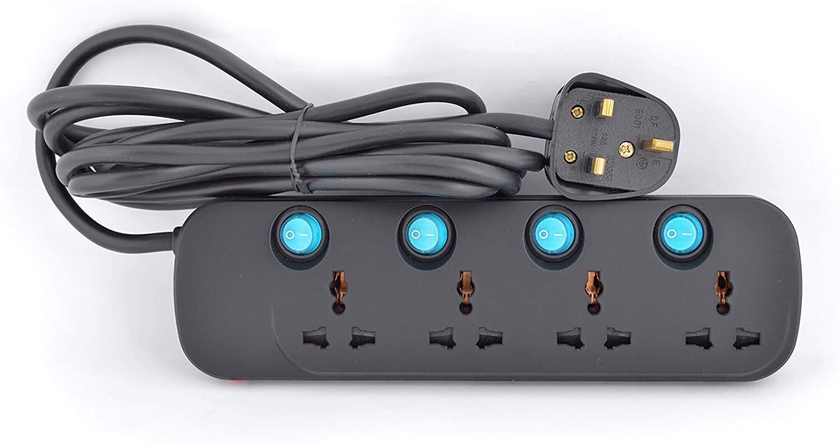 Terminator 4 Way Universal Power Extension Socket 3X1.25Mm2 Black Body &amp; Blue Switch 5M Cable 13A Plug