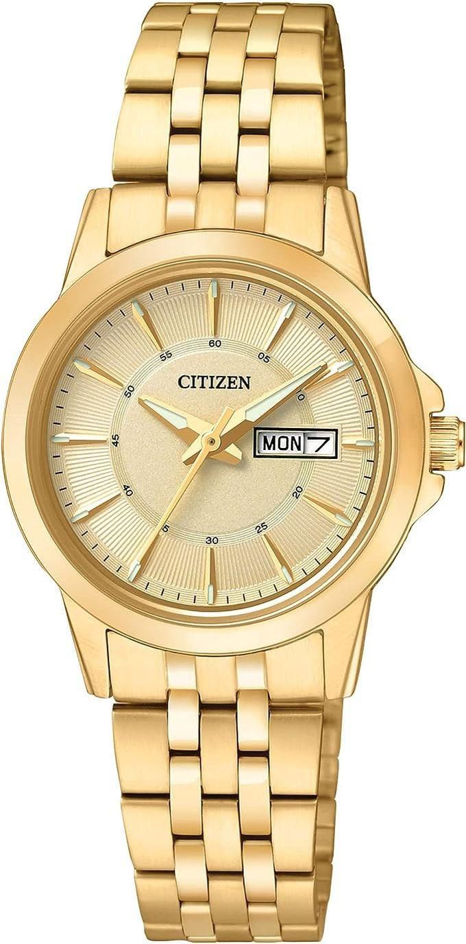 Citizen Watches ساعة سيتيزن كوارتز للنساء، ستانلس ستيل، كلاسيكية، ذهبية اللون (موديل: EQ0603-59P)