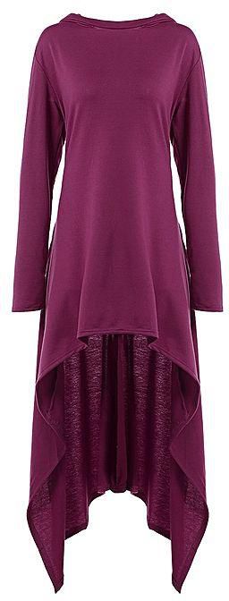 Fashion High Low Hooded Dress with Long Sleeves - Red Violet