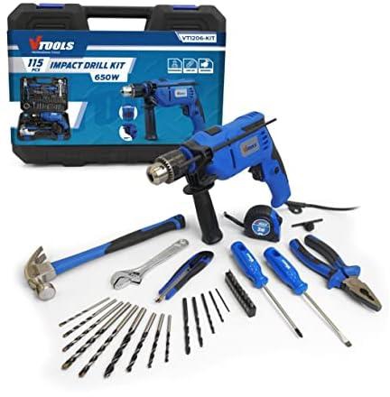 VTOOLS 115 Piece 650 Watt Impact Drill Driver & Home Tool Set, DIY Hand Tool Kits For Home, Office, Garden, Portable Storage Case, 2 Years Warranty, VT1206-KIT