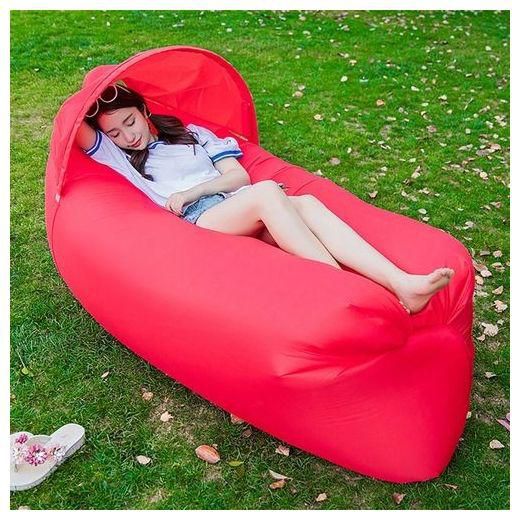 Generic Inflatable Lounger 210d Fabric Compression Air Bag Sofa With Beach Sunshade For Beach / Travelling / Hospitality / Fishing, Size: 240cm X 70cm X 50cm (red)