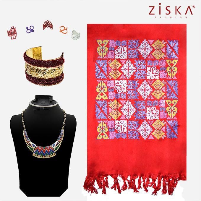 Generic Ziska - Set Of 4 Piece ( Scarf Egyptian Cotton - Necklace - Bracelet - Ring ) - Red