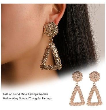 Women Trend Metal Earrings Female Hollow Alloy Frosted Triangle Earrings