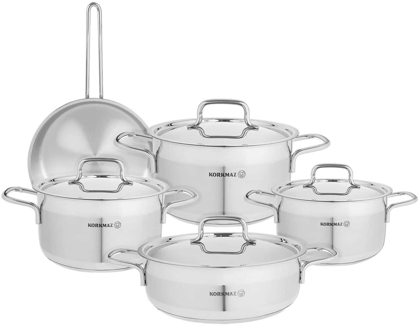 Get Korkmaz Alpha Extra Stainless Steel Cookware Set, 9 Pieces - Silver with best offers | Raneen.com