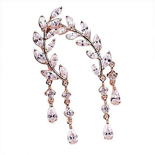 Eissely 1Pair Women Fashion Crystal Rhinestone Leaves Tassel Ear Stud Earrings Rose Gold