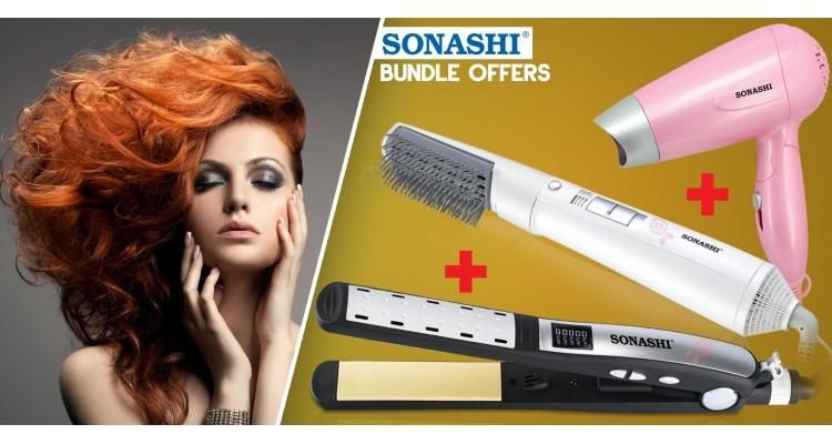 Sonashi Combo Pack with Travel Hair Dryer and Ceramic Hair Straightener and 2 in 1 Hair Styler