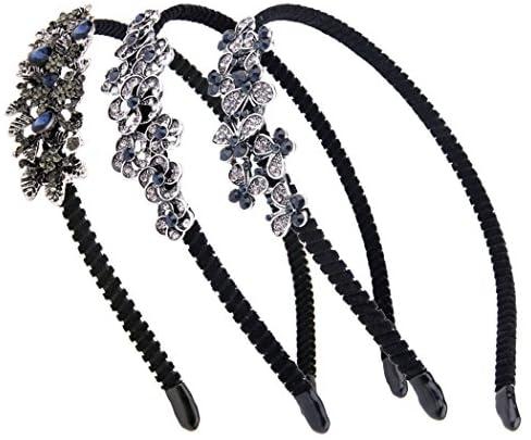 TianQin WY Women Ladies Girls 3Pcs Fabric Covered Alice Bands hair band Headbands Dark Blue Vintage Crystal Headband Flower Butterfly Leaves Designed Hair Clips
