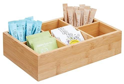 mDesign Kitchen Organiser – Storage Container with 6 Compartments for Holding Sugar, Salt, Tea Bags and Other Small Items – Kitchen Storage Box Made from Bamboo – Natural