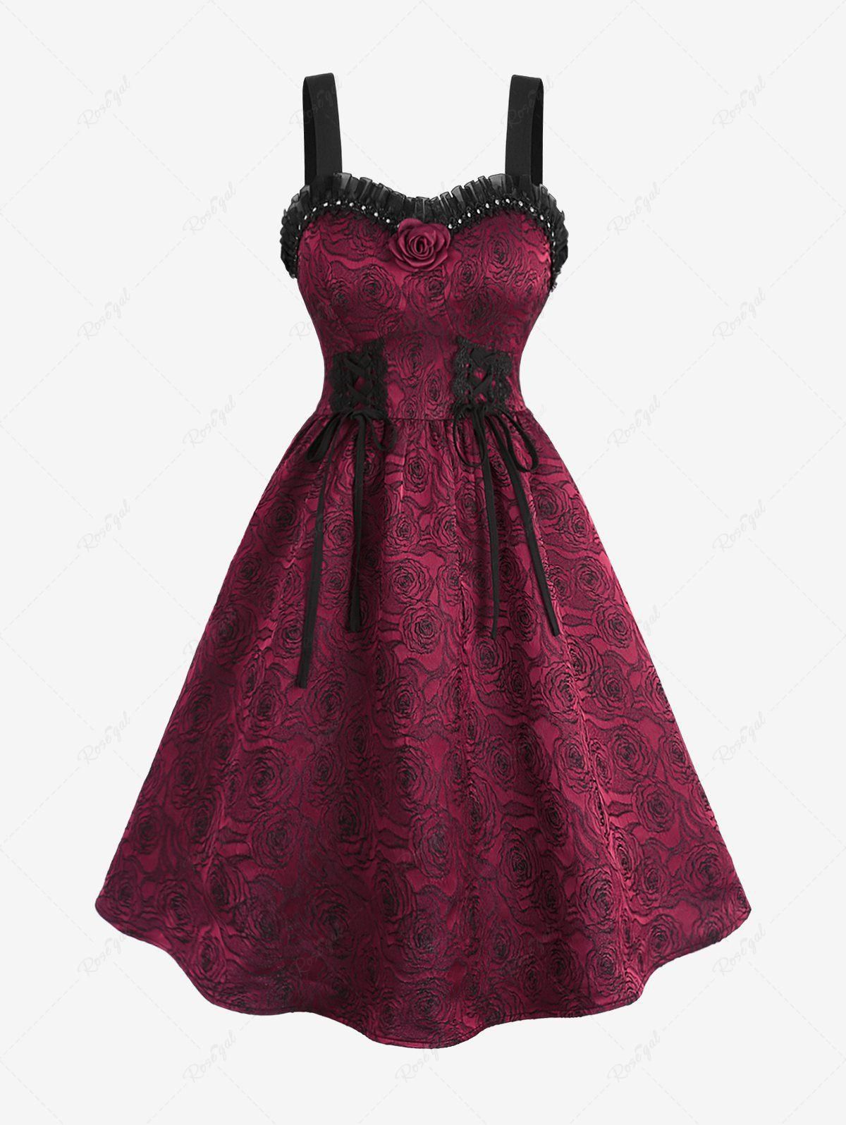 Plus Size Lace-up Flower Embroidered Jacquard Rose Pin Decorated Rivet Ruffles Lace Trim Valentines Tank Dress - 1x | Us 14-16