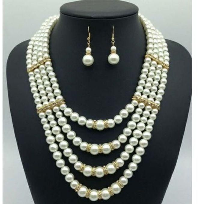 Pearl Set Made Of 4- Roles Earrings- With Almaz Plated - Off White