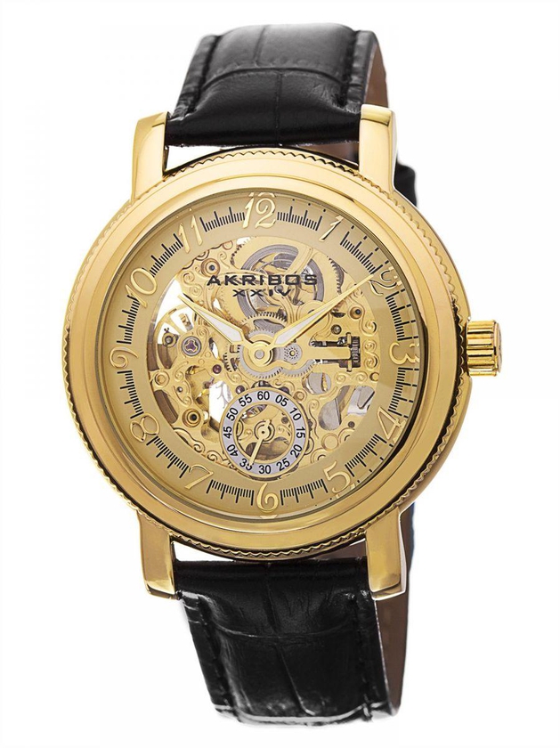 Akribos XXIV Men's Gold Dial Leather Band Automatic Watch [AK634YG]