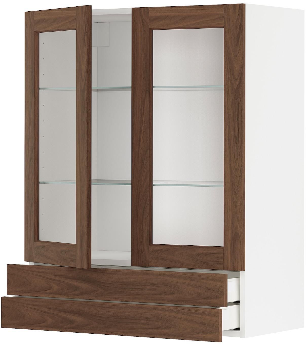 METOD / MAXIMERA Wall cab w 2 glass doors/2 drawers - white Enköping/brown walnut effect 80x100 cm
