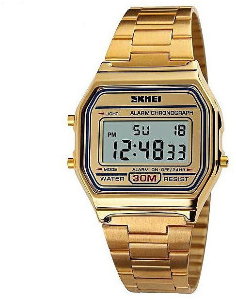 Generic 1123 Fashion Casual Watch LED Man Digital Wristwatches Stainless Steel 30M Waterproof Men Watches - Gold