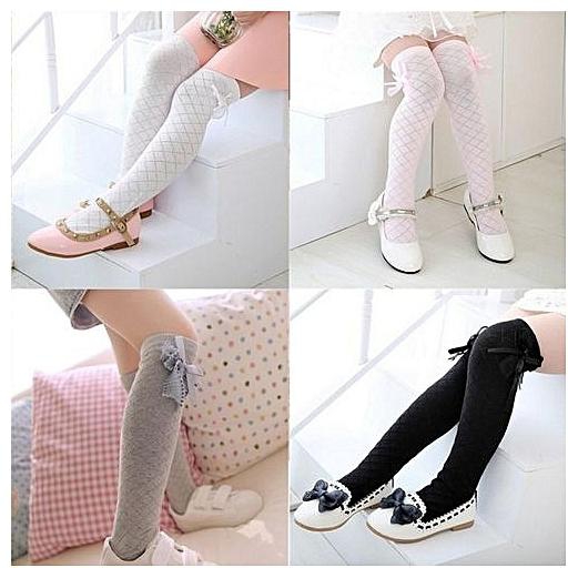 Fashion Girl Kids Cotton Socks Tights School High Knee Gridding Bow Stockings Classic White 35CM