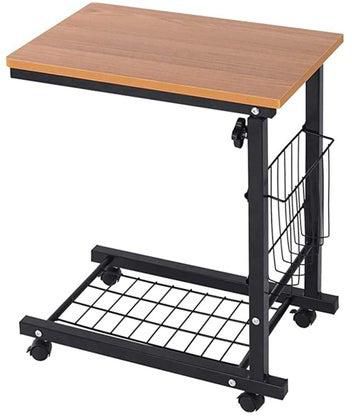 Bedside Table Side Table with Wheels Movable Sofa End Table Height Adjustable Bedside Table Laptop Rolling Cart C Shaped TV Tray with Storage Shelves (C#6-Teak)