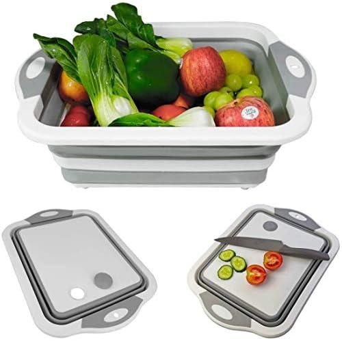 MR.STRONG Collapsible Cutting Board with Colander, Folding Kitchen Chopping Board Food Strainer Silicone Dish Tub Basin Washing and Draining Veggies Fruits Sink Storage Basket