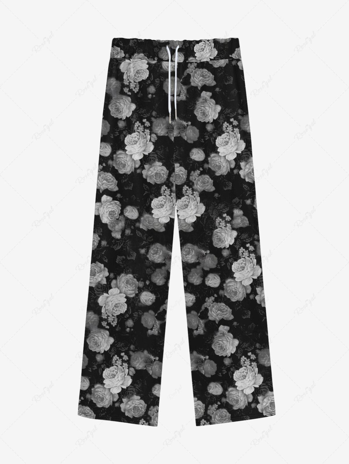 Gothic Rose Flowers Print Wide Leg Drawstring Sweatpants For Men - 8xl
