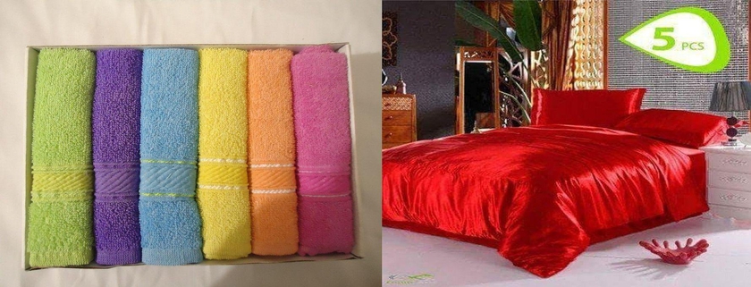 Satin Bed Sheet Set - 5 Pcs - Red + Cotton Towels - 6 Pcs - 30*30 Cm