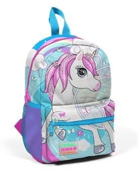 Coral High Kids Two Compartment Small Nest Backpack - Blue Neon Pink Unicorn Pattern