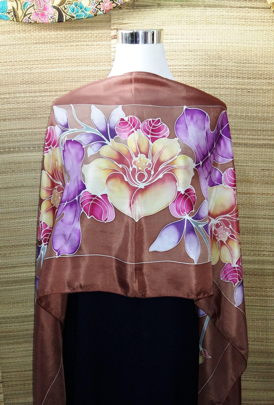 Batik Silk Shawl -100%Handmade -Hand Drawn- 100% Genuine Silk (Brown)