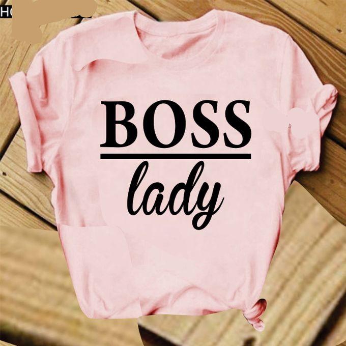 Boss Lady Ladies Round Neck Polo Printed T-Shirt- Pink