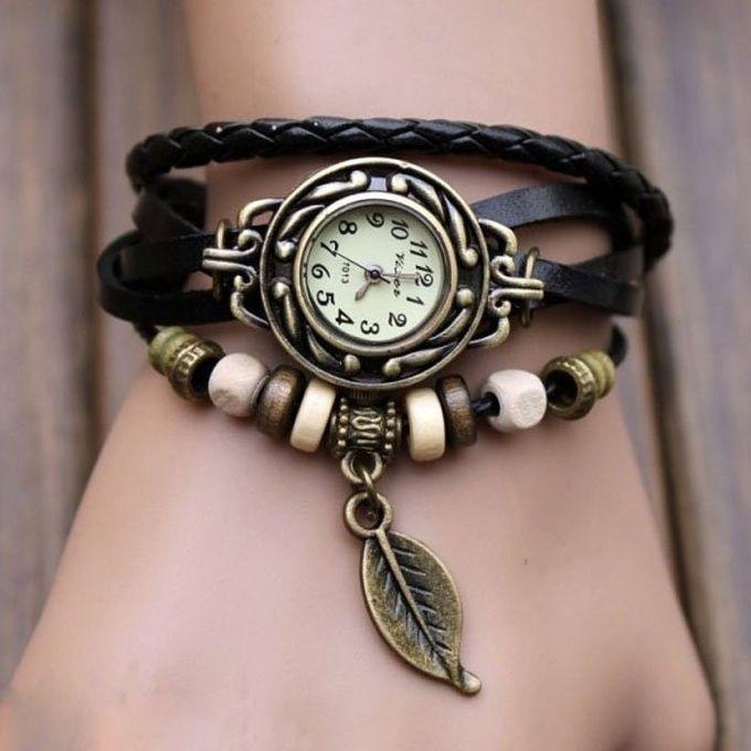 Duoya Womens Bracelet Weave Wrap Quartz Leather Leaf Beads Wrist Watches Black