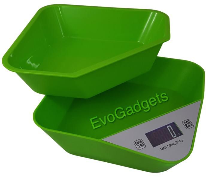 Evogadgets Kitchen Scales with Removable Tray or Mixing Bowl (Black - Green)