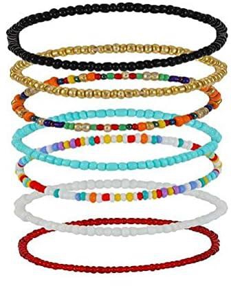 Mllyon Multilayered Anklets for Women Girls, Boho Handmade Beads 7Pcs/Set, Colorful Women Ankle Bracelets Beaded, Elastic Foot and Hand Chain Jewelry