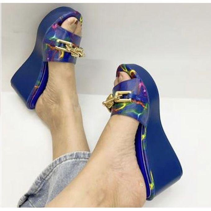 European Fashion Low Heeled Slippers-Blue