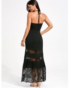 Crochet Panel Halter Neck Maxi Prom Dress - Black - L