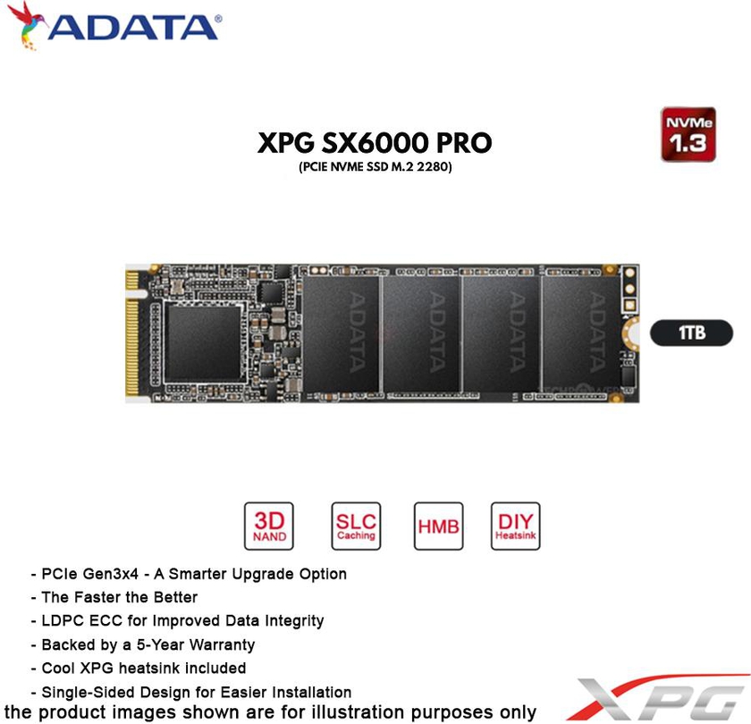 XPG SX6000 Pro PCIe Gen3x4 M.2 2280 Solid State Drive 1TB NVMe SSD